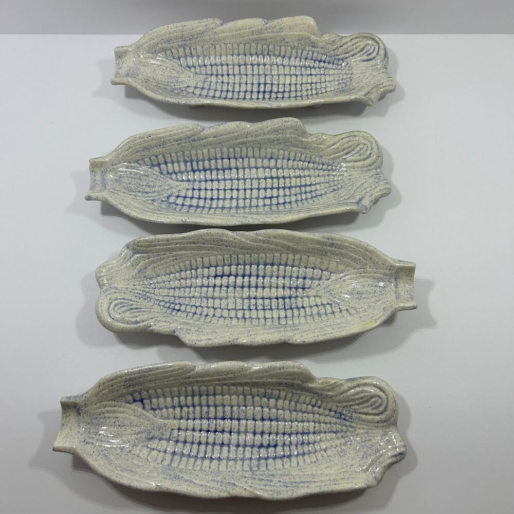 Set of 4 Ceramic Speckled Corn on the Cob Holders Trays MCM